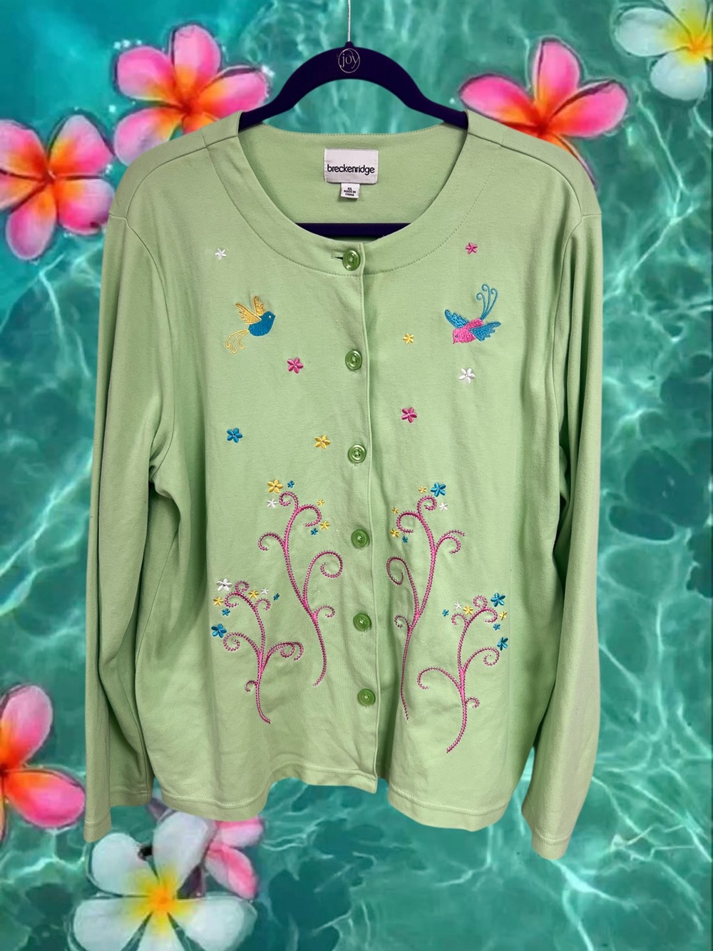 Vintage Breckenridge green patchwork floral birdies long sleeve button up